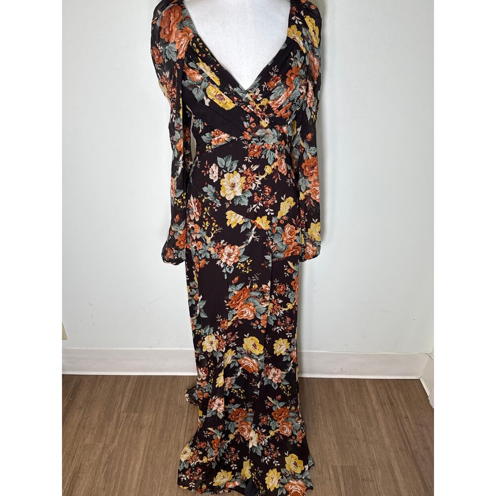 Veronica Beard Black Floral Midi Dress with Yellow & Rust Flowers